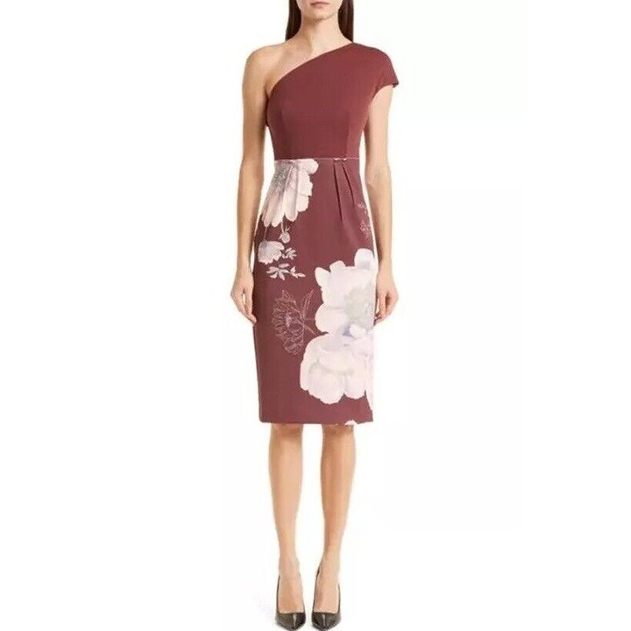 TED BAKER Womens Size US 14 Brown Floral NIMALA ASYMMETRICAL STRETCH MIDI DRESS