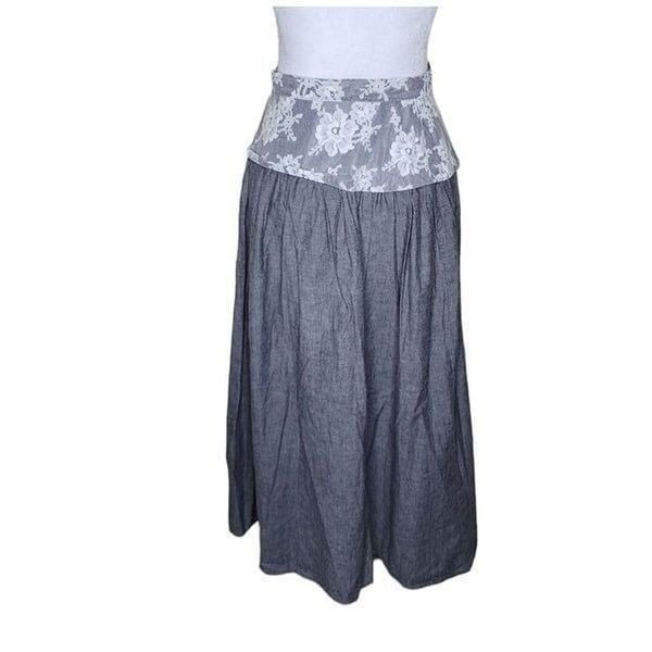 Vintage 80s Pleated Western Maxi Skirt Womens Size Small Grey Lace Yoke
