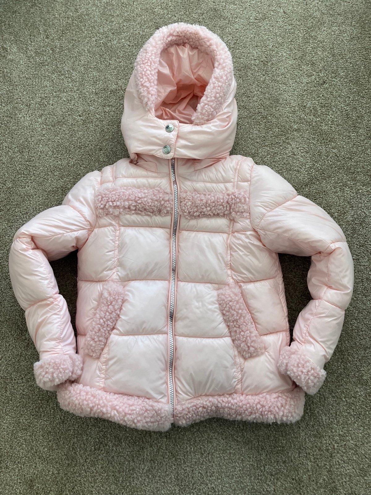 Sam Edelman Pink Sparkle Sherpa Trim Puffer Faux Fur Hooded Zip Coat M 10/12 NWT