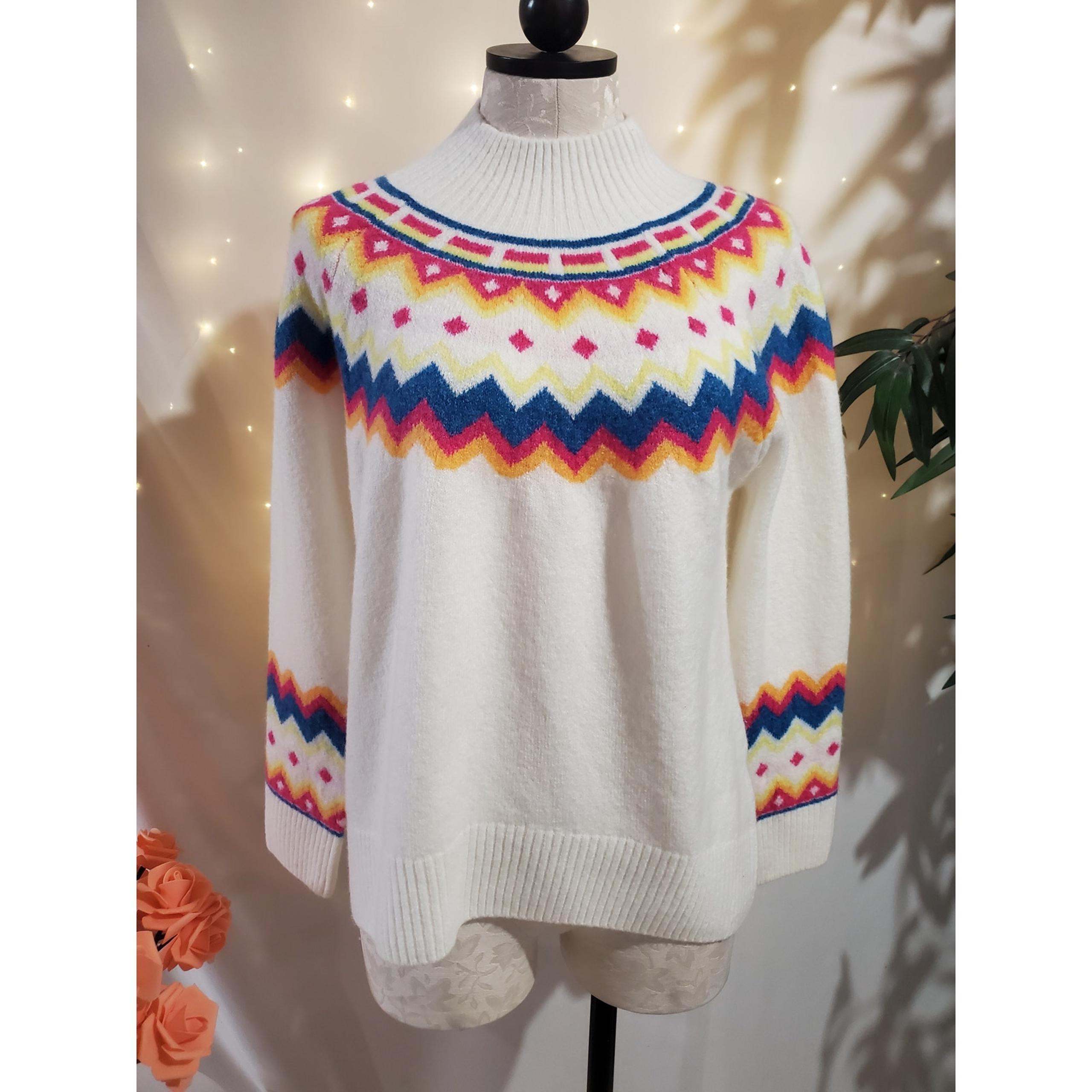 Vince Camuto Fair Isle Cozy Crewneck Sweater Womens Size S White Knit Ski Lodge