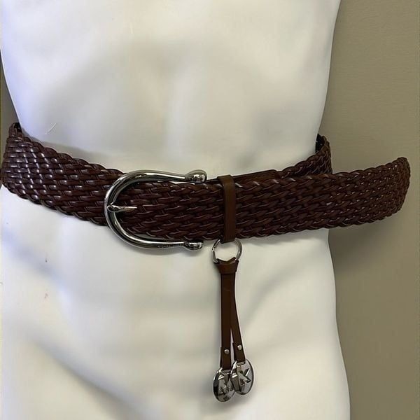 MICHAEL Michael Kors Brown Basketweave Belt with Silver Hardware and Charms- Med