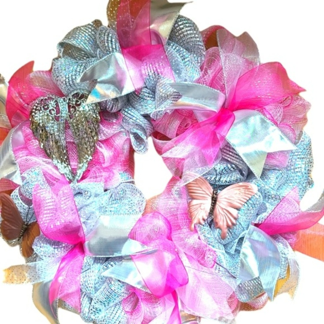 BEAUTIFUL HANDMADE ANGEL WING AND BUTTERFLY DECO MESH WREATH