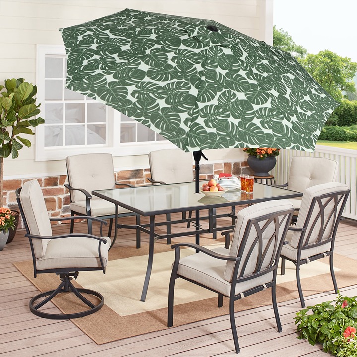 9' Monstera Palm Crank Lift and 3 Position Tilt Patio Umbrella