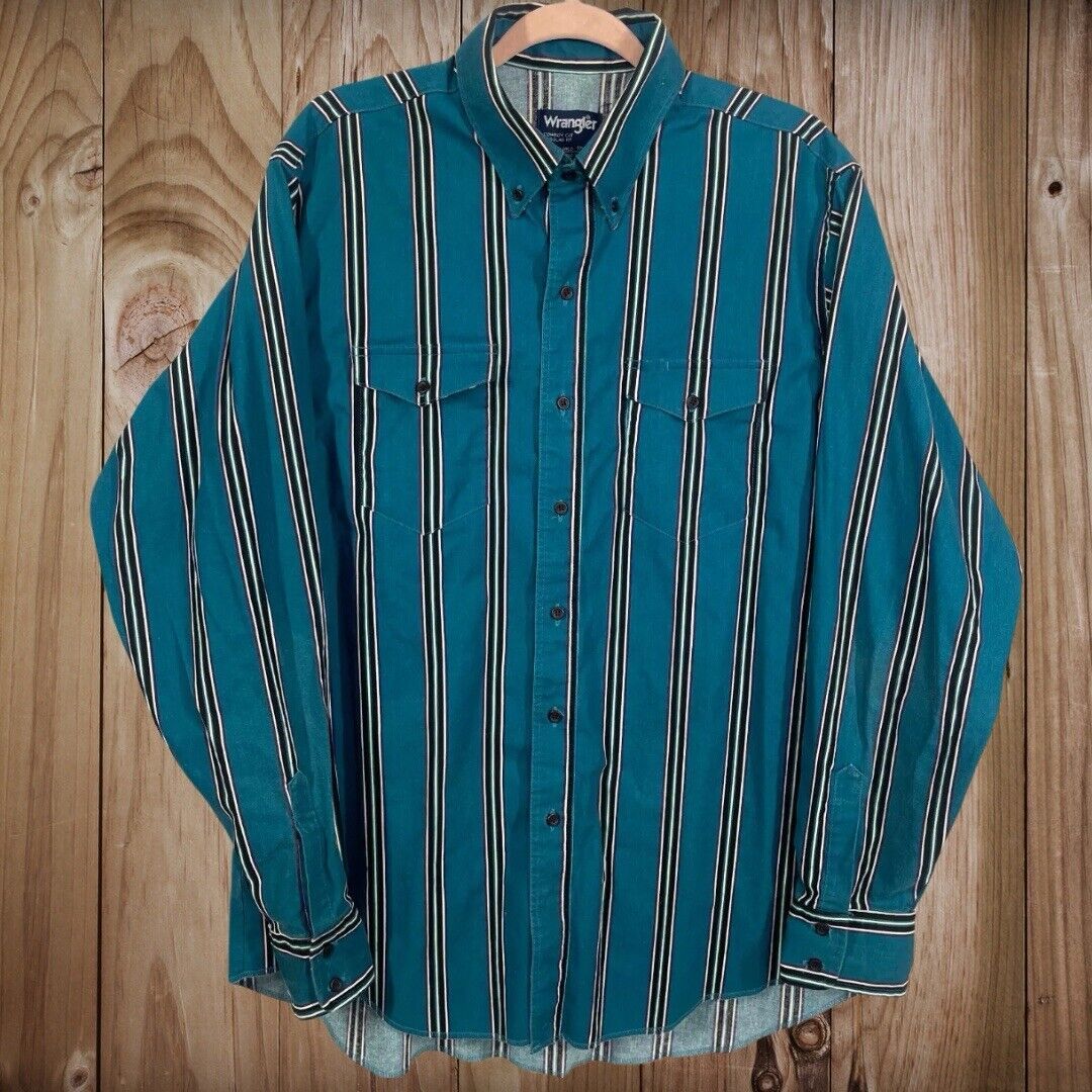 Wrangler Shirt Men 17 1/2-35 USA Brushpopper Blue Striped X-long Tails VTG 90’s