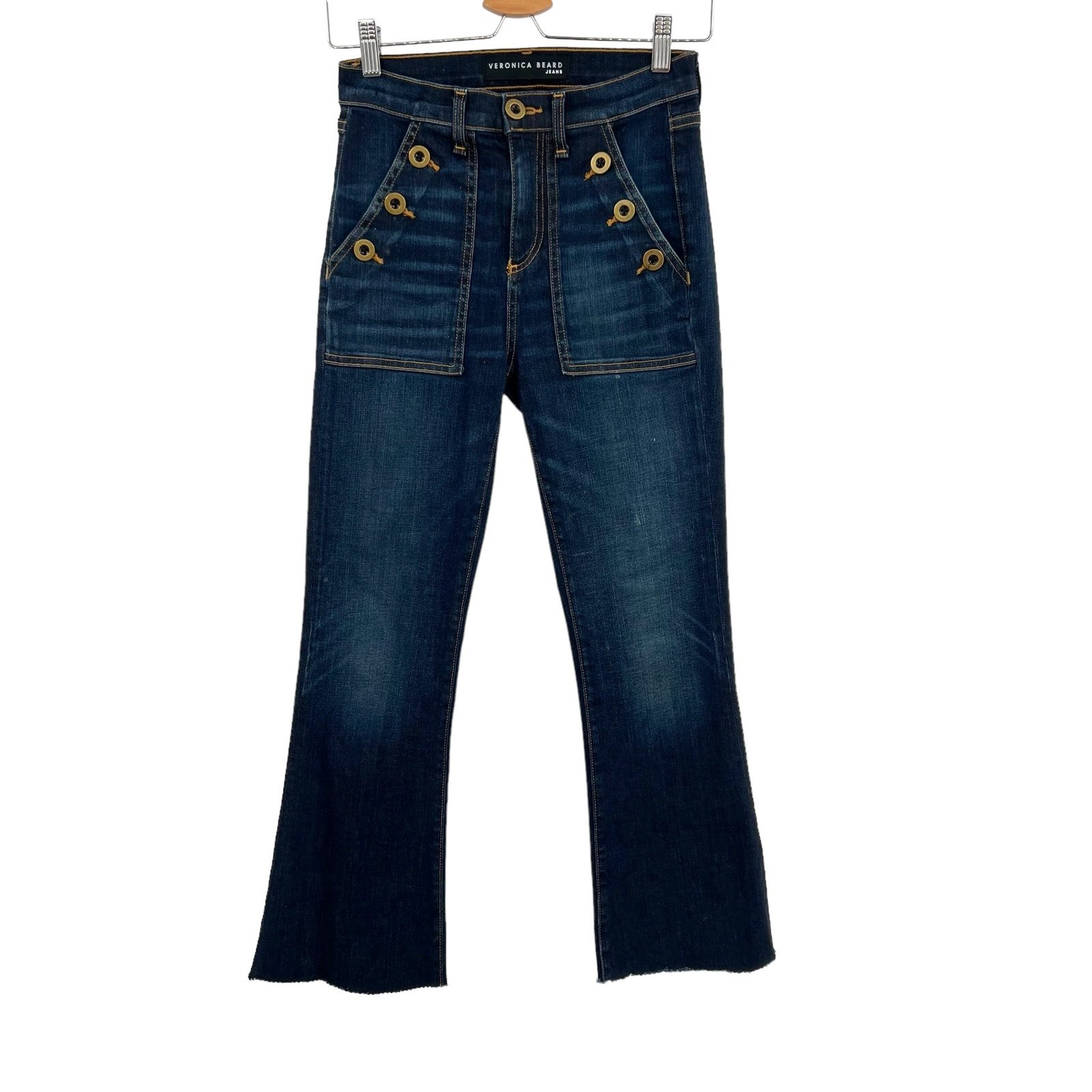 Veronica Beard Florence 11 Flare Crop Button Pocket Jean Vintage Blue Size 26/2