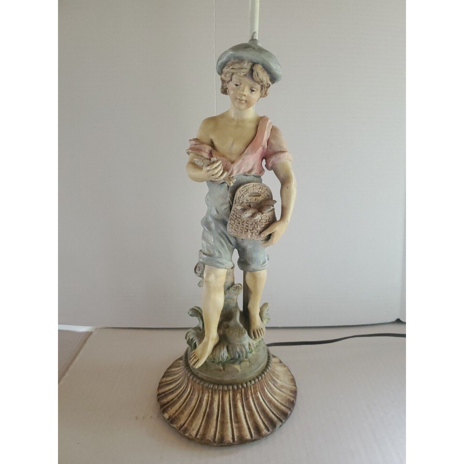 L & F Moreau Boy With Fish Painted Metal Lamp 30 Inch Near Mint Working