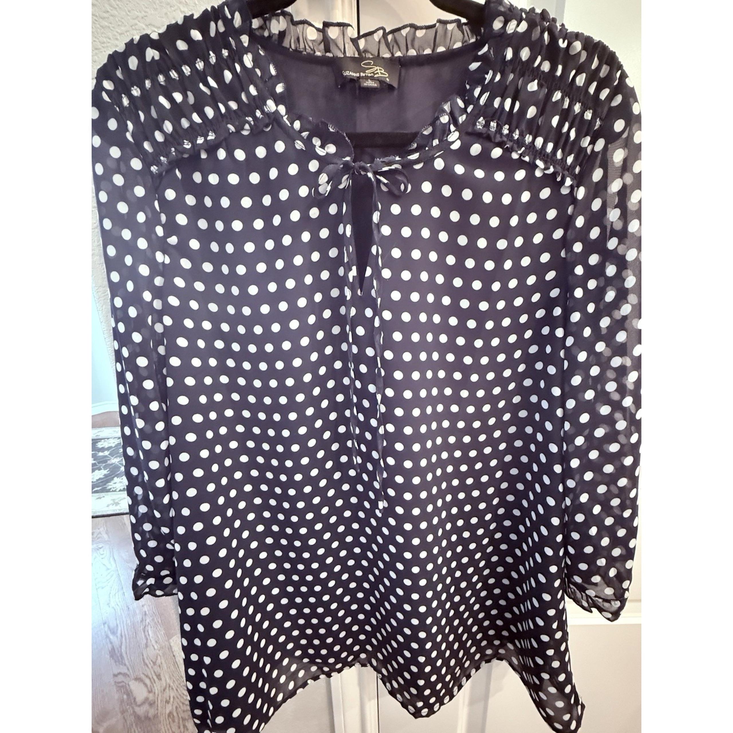 Suzanne Betro women's Tunic Blouse Shirt Top Size L Blue Polka Dots