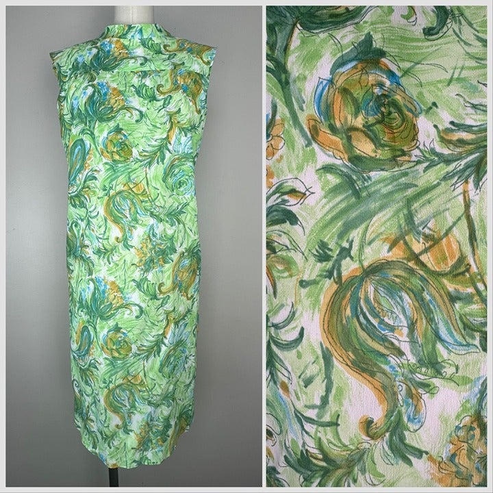 Vintage 1960s Green Brushstroke Floral Shift Sleeveless Dress, Size S/M