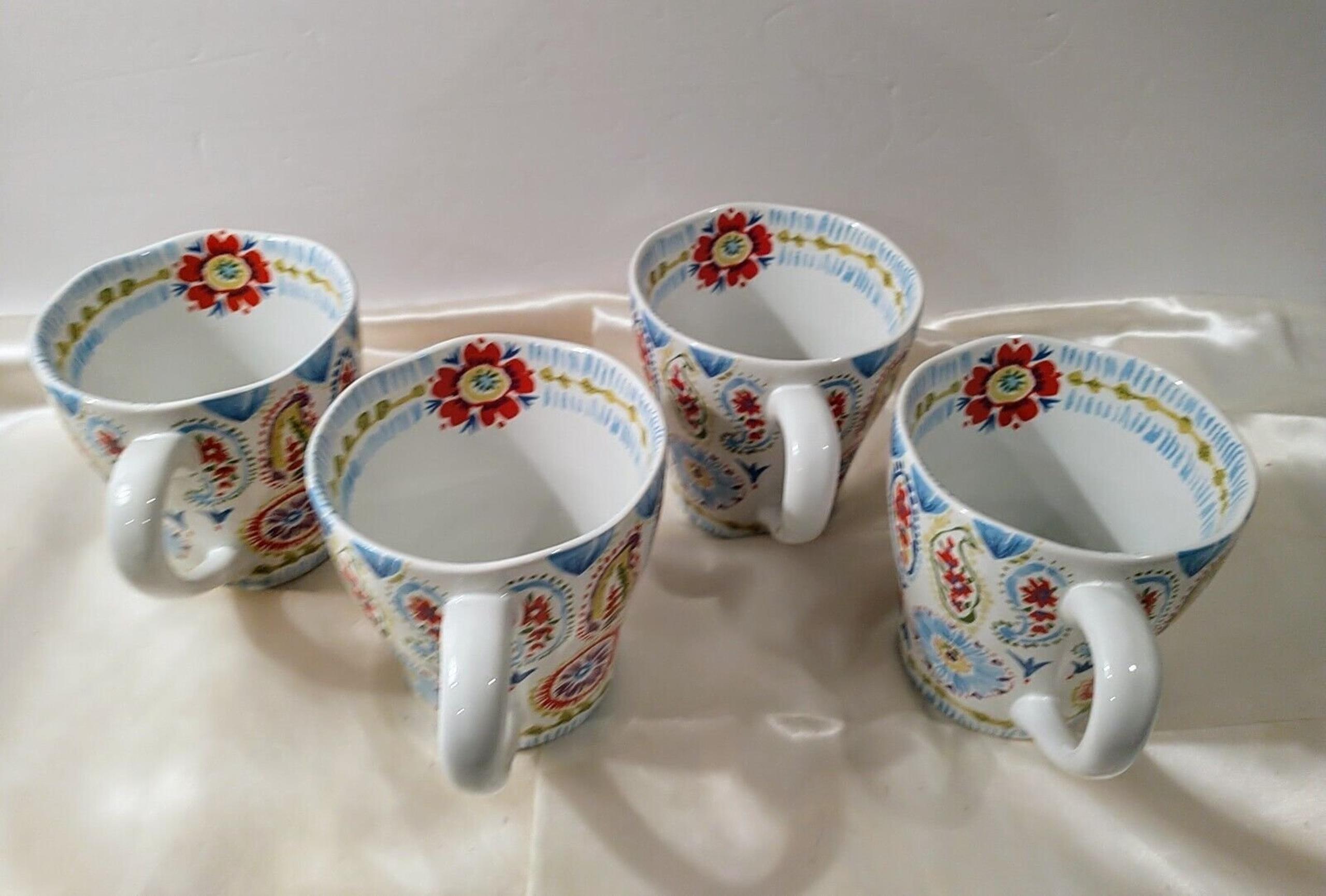 Set of 4 Mugs 222 Fifth Meriweather Floral Paisley Porcelain Fine China 14 Oz