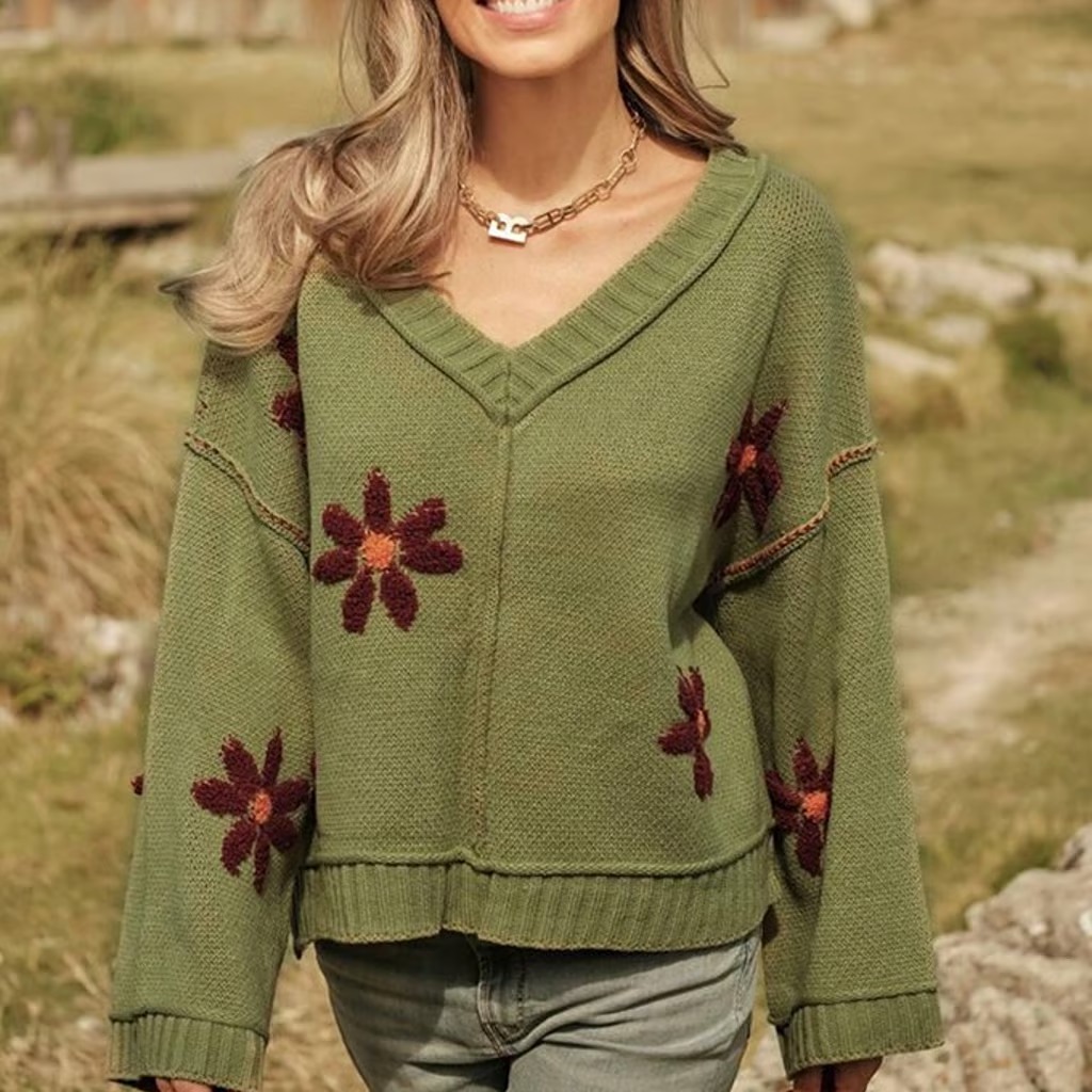 Floral Pattern V Neck Casual Pullover Sweater