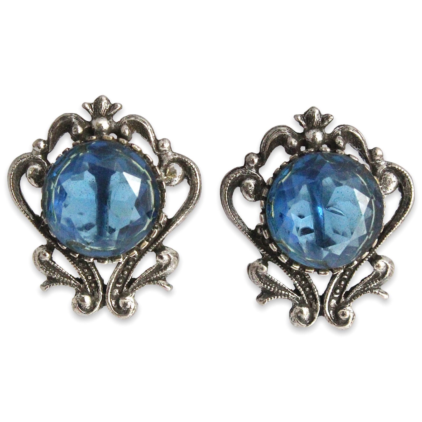 Vintage Florenza Blue Sapphire Glass Clip On Earrings Oxidized Silver Tone