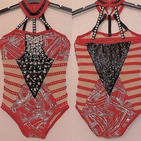 Glamour solo dance costume custom red mesh rhinestone embellished leotard MC