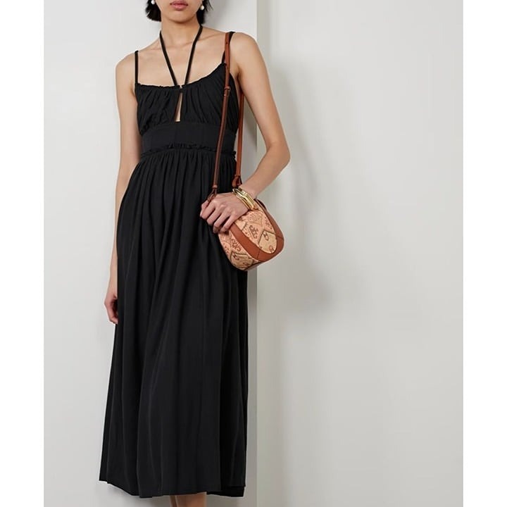 Ulla Johnson Freya Cutout Cotton-Jersey Dress Midi Black Tie-Neck Size 10