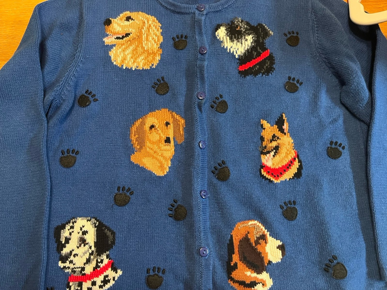 Blue Cardigan Knit Dogs 1990s 2000s Vintage Marisa Christina Paw Prints Large
