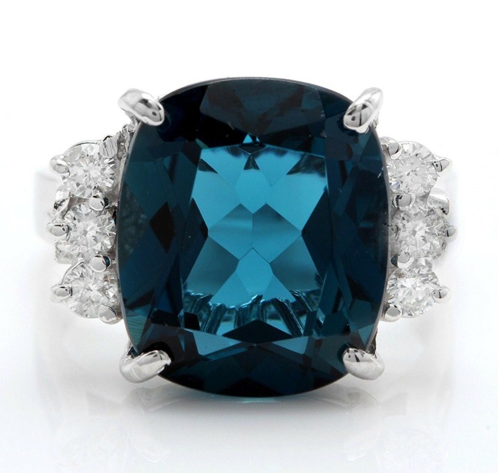 11.65Ct Natural Cushion London Blue Topaz & Diamond Halo Solitaire Ring