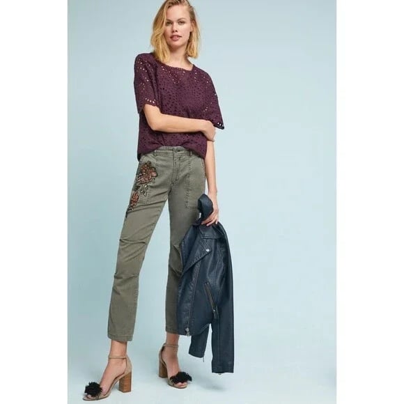 Anthropologie The Wanderer Green Beaded Cargo Utility Pants