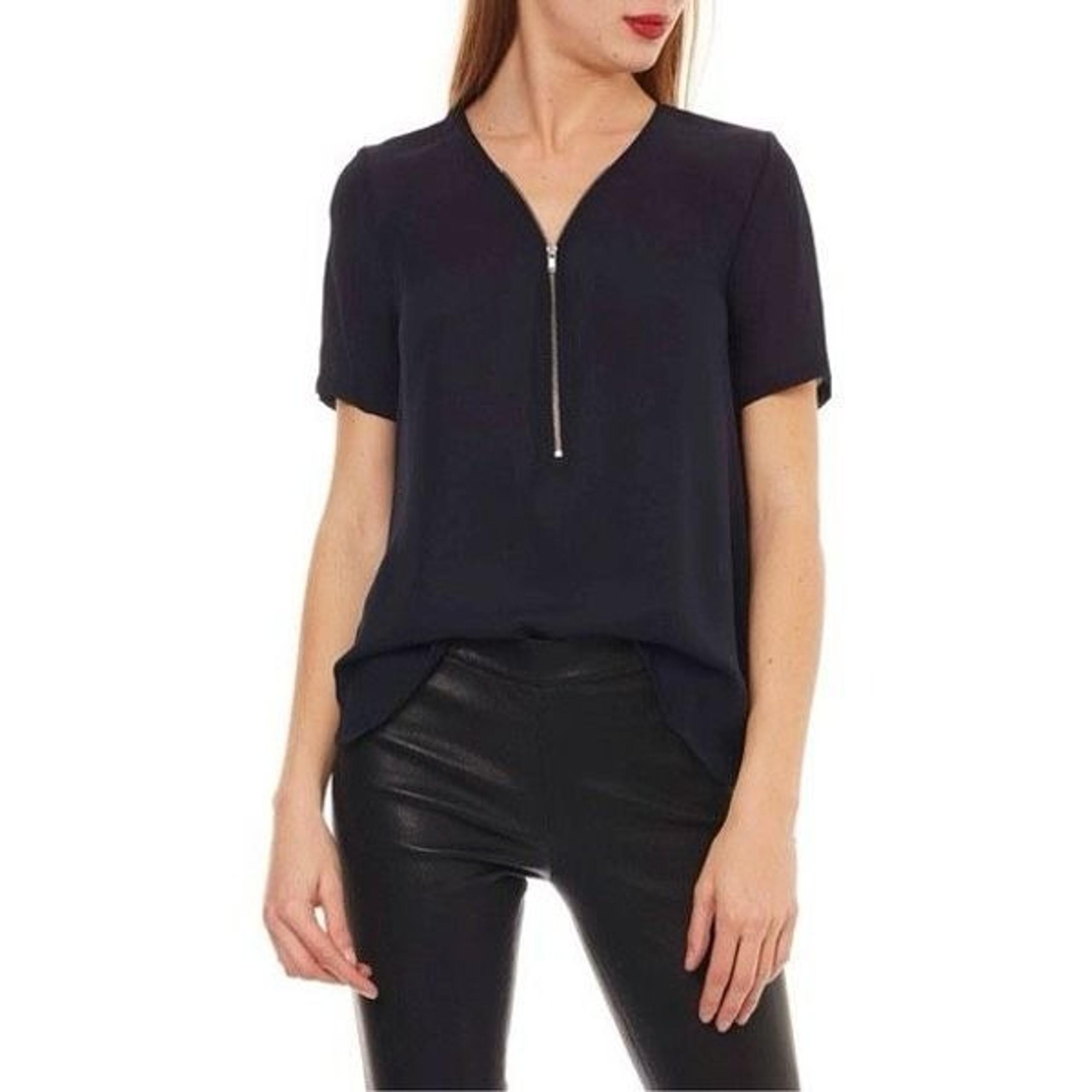 The Kooples Short Sleeve Blouse Size Medium Black Silk Zip Front Too