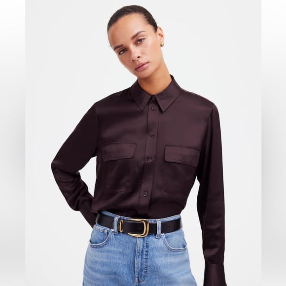 Madewell Silk Flap-Pocket Button-Up Shirt in Dark Carob