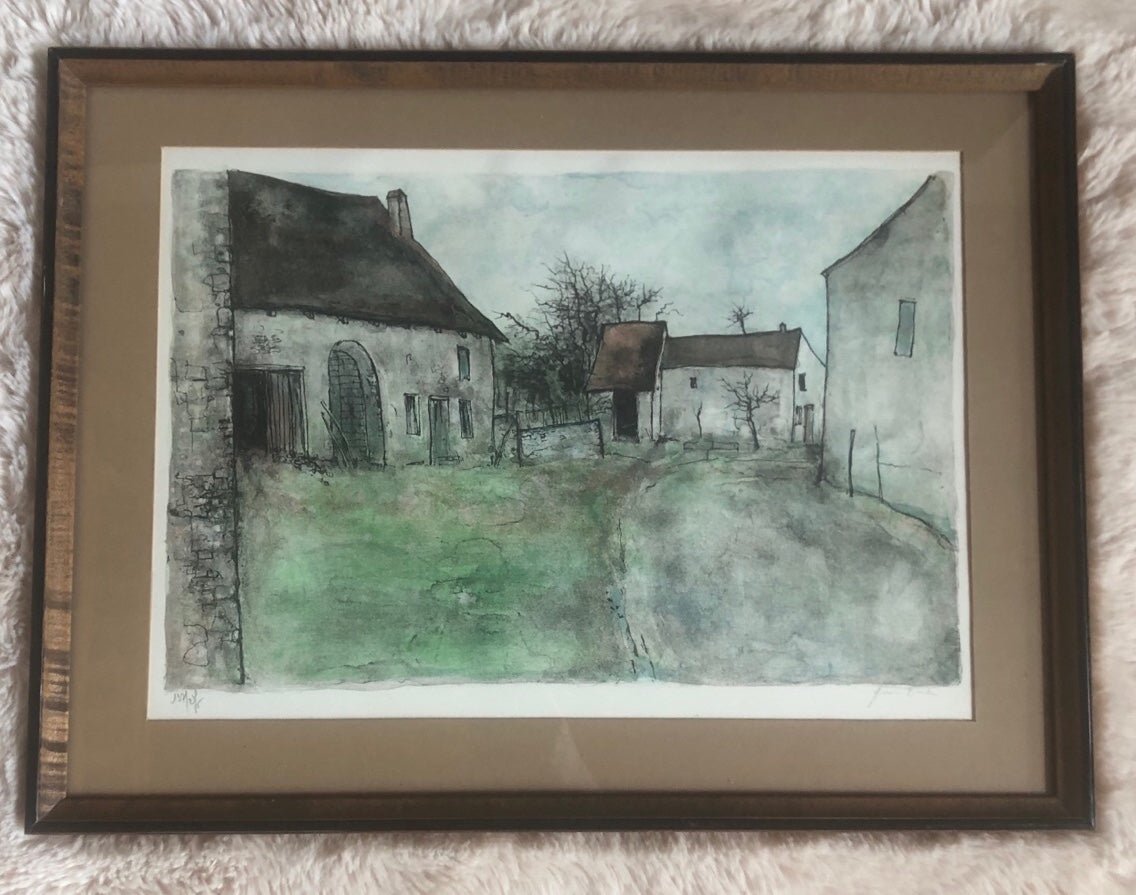 Frame vintage art/lithograph/print by BERNARD GANTNER barn, stable, farm scene