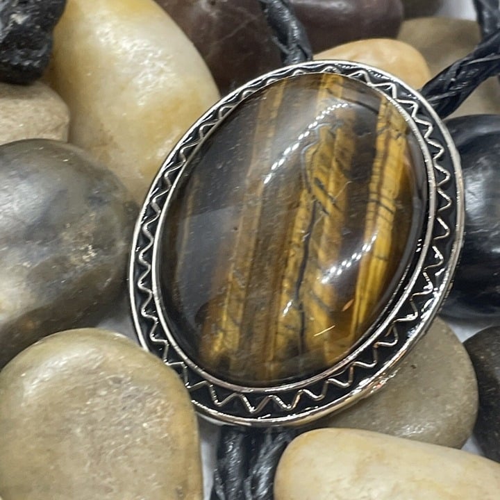 70’s Style Tiger Eye Vintage wedding birthday Silver Dad Lariat Bolo Tie Western