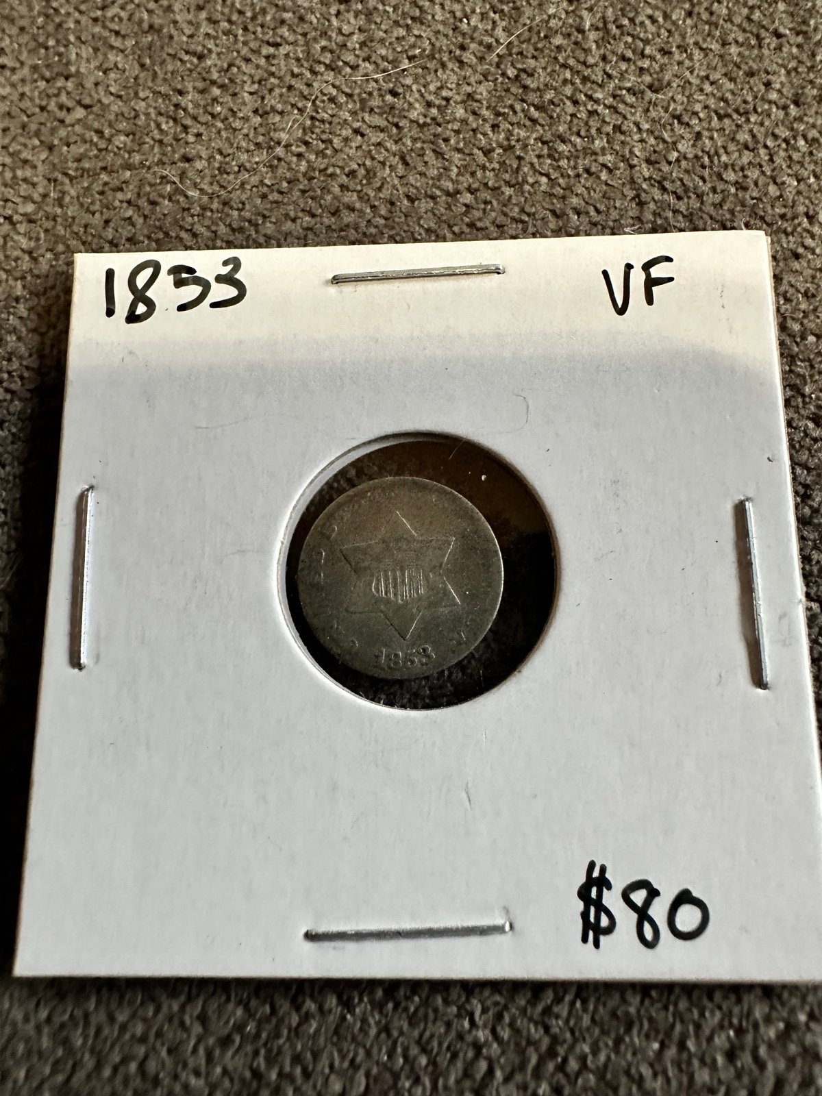 1853 3CS Three Cent Silver in VF Condition