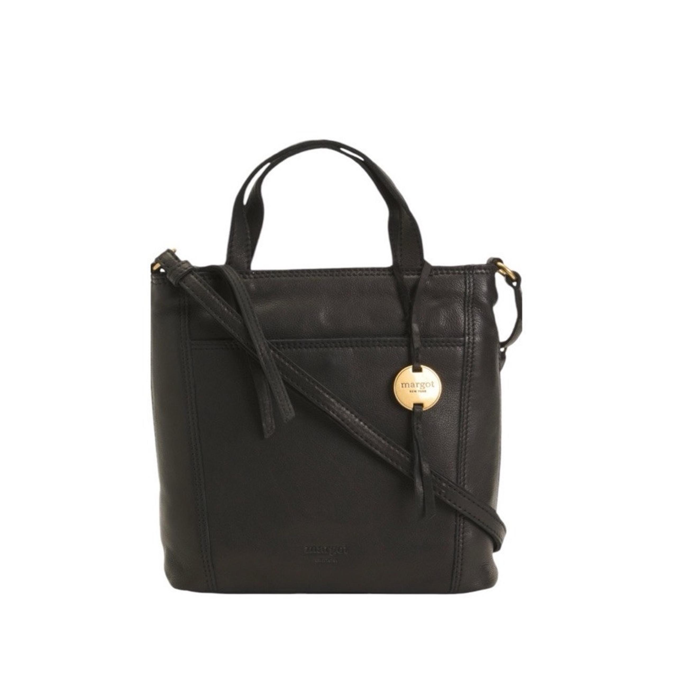 Margot New York Black Leather Casey Crossbody Tote Purse Handbag Striped Strap
