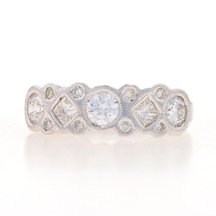 White Gold Diamond Cluster Band - 14k Rnd & Princess 1.00ctw Ring Sz 6 V2519