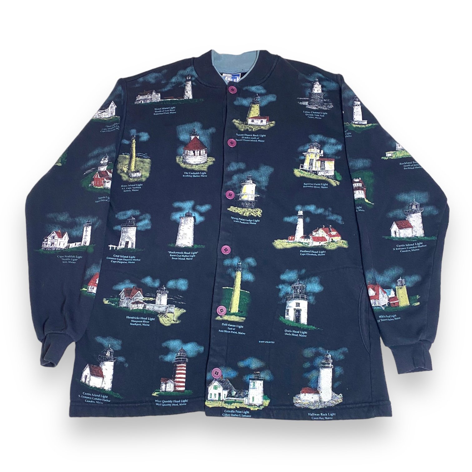 Vintage Light Houses Of The United States All-Over Print Blue Cardigan Size XL