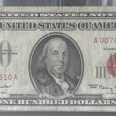 1966 Circulated/Worn 100.00 US “Red Seal” Note ~ Cool James Bond 007 Serial#