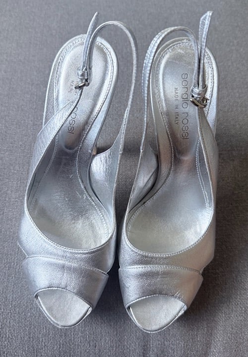 Sergio Rossi Silver Leather Slingback Platform Sandals Size 36 1/2