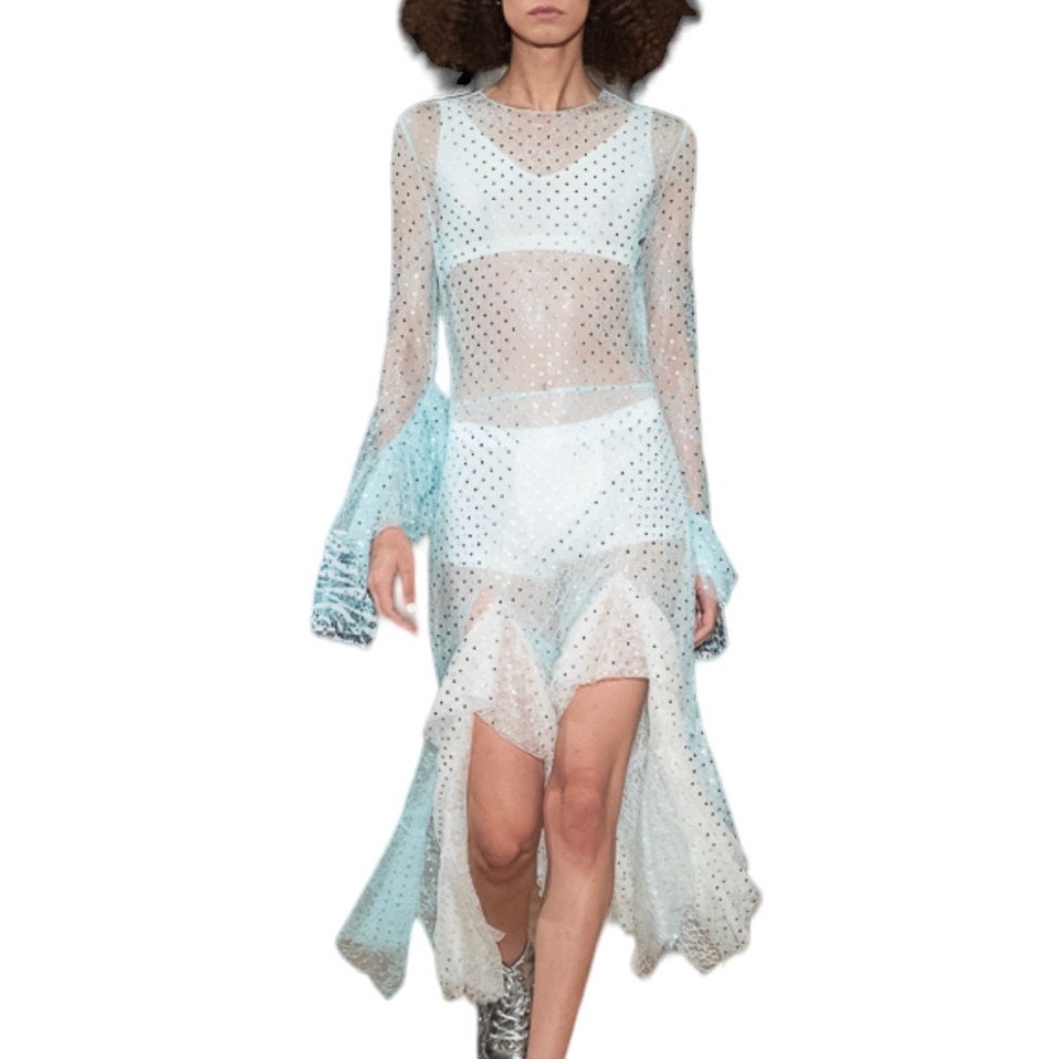 Anais Jourden NWT 545 Blue Sequin Lace Sheer Ruffle Long Sleeve Blouse size 4