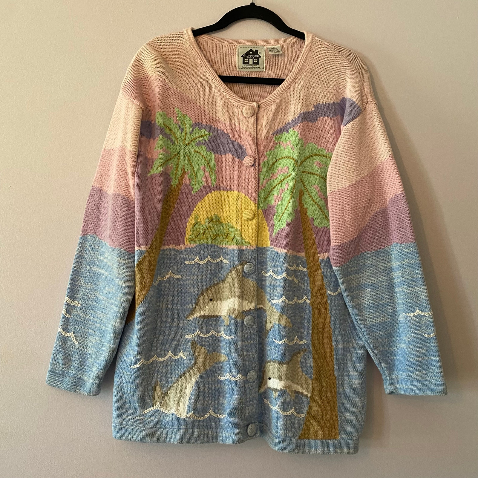 Storybook Knits Women's size Large Pink Beaded Knit Dolphin Beach Cardigan 90s