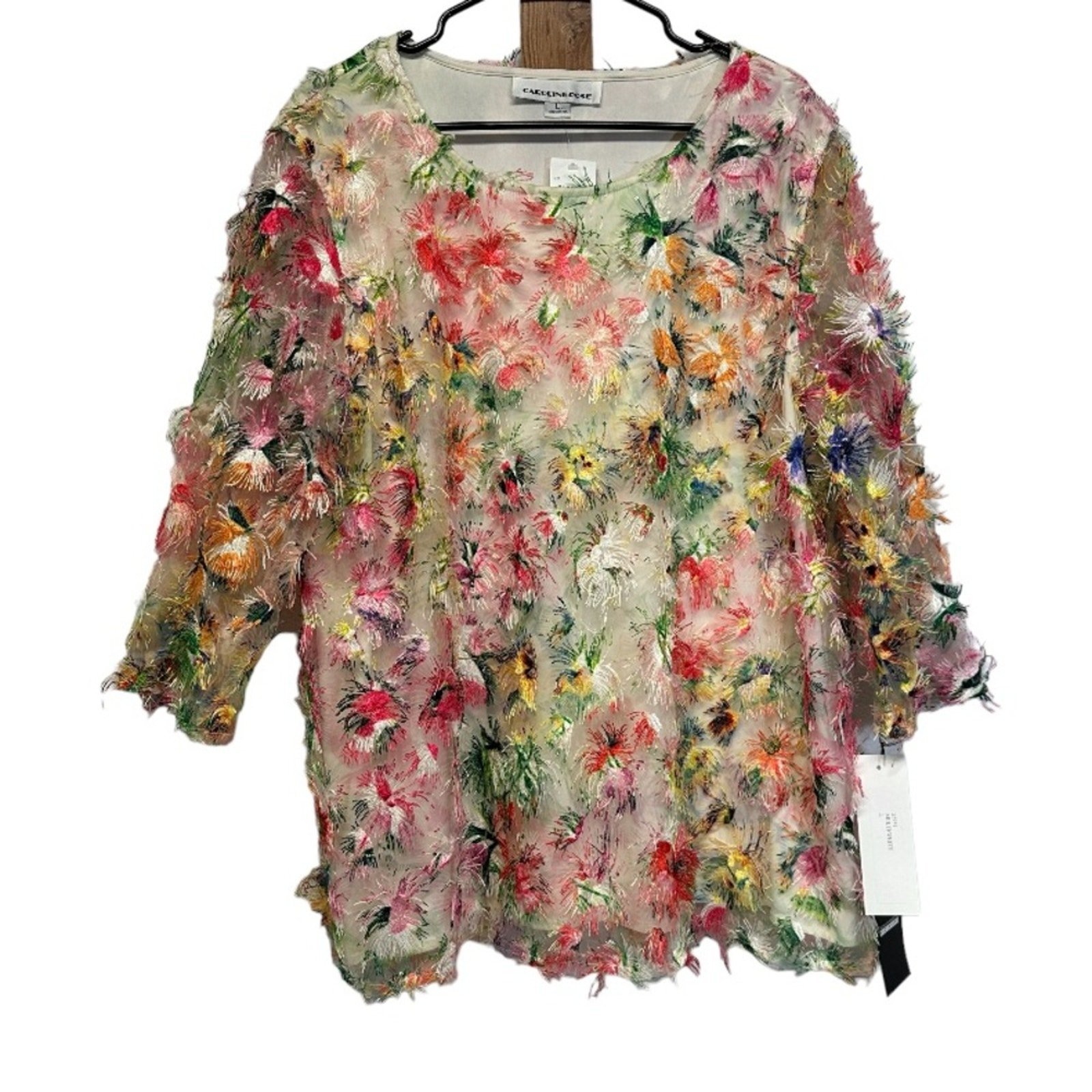 Caroline Rose Watercolor Eyelash Sheer Fringe Embellished Blouse Size L