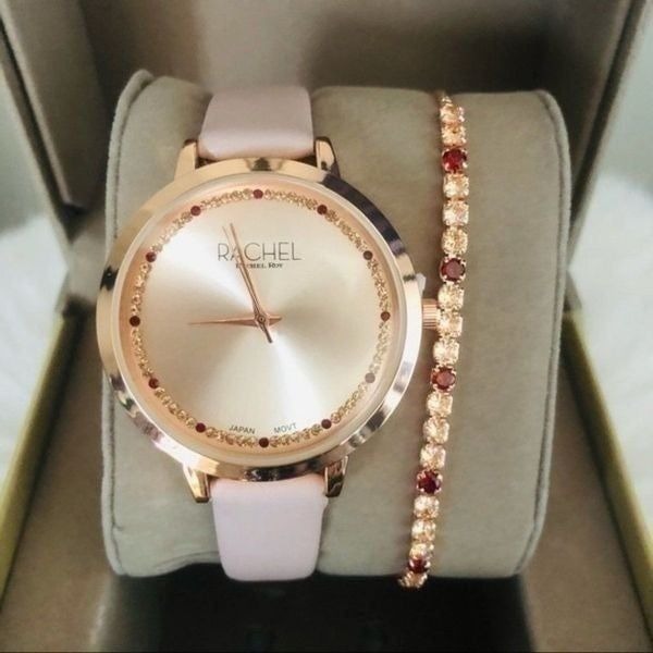 RACHEL Rachel Roy Crystal Leather Watch & Bracelet Set, Red/Rose Gold, NWT