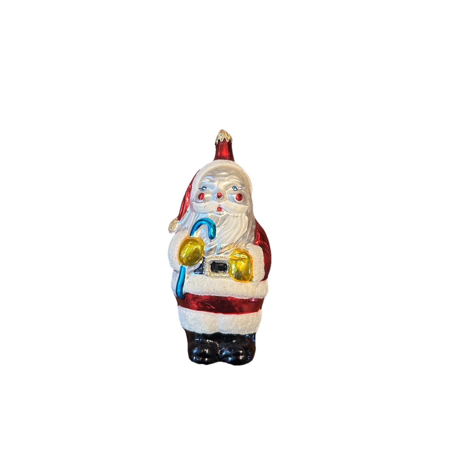 Vtg 90s Blown Glass Santa Ornament Christmas 5 Tall, Hand Painted, Blue Cane