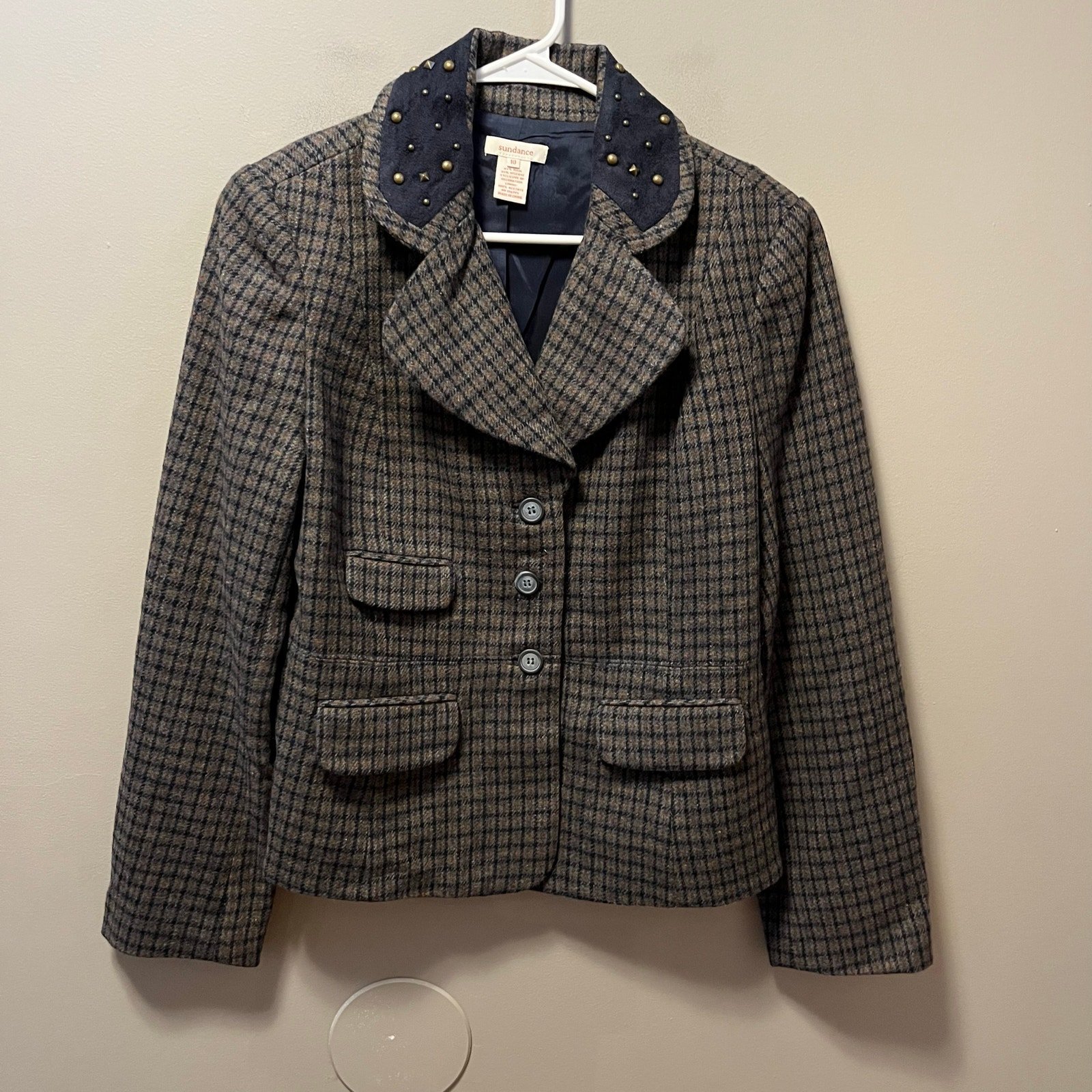 Sundance Women's Wool Blend Plaid Studded Blazer Jacket Size 10 Brown Blue