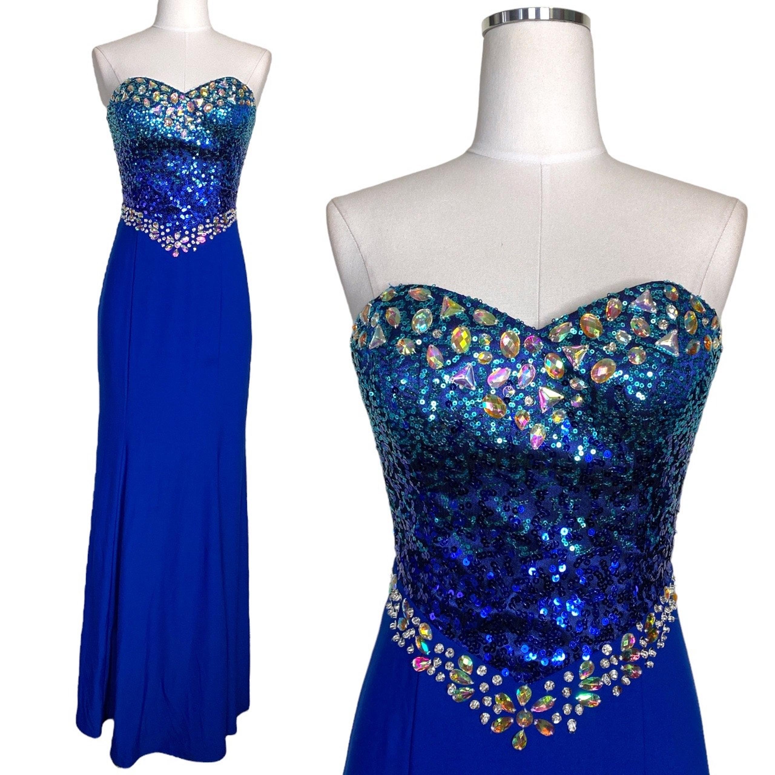 Masquerade Blue Strapless Homecoming Hoco Gown Sz 3 Sweetheart Rhinestone Formal