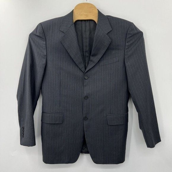 Canali Saks Fifth Men's 48 R Black Blue Striped 100% Wool 3 Button Jacket Coat
