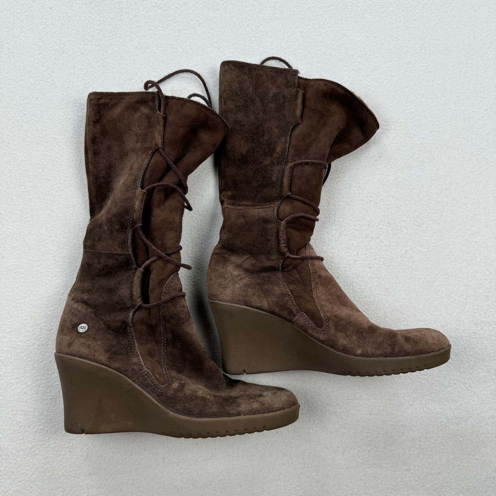 Ugg Boots Size US 9 Brown Suede Shearling Elsey Lace Up Wedge Tall