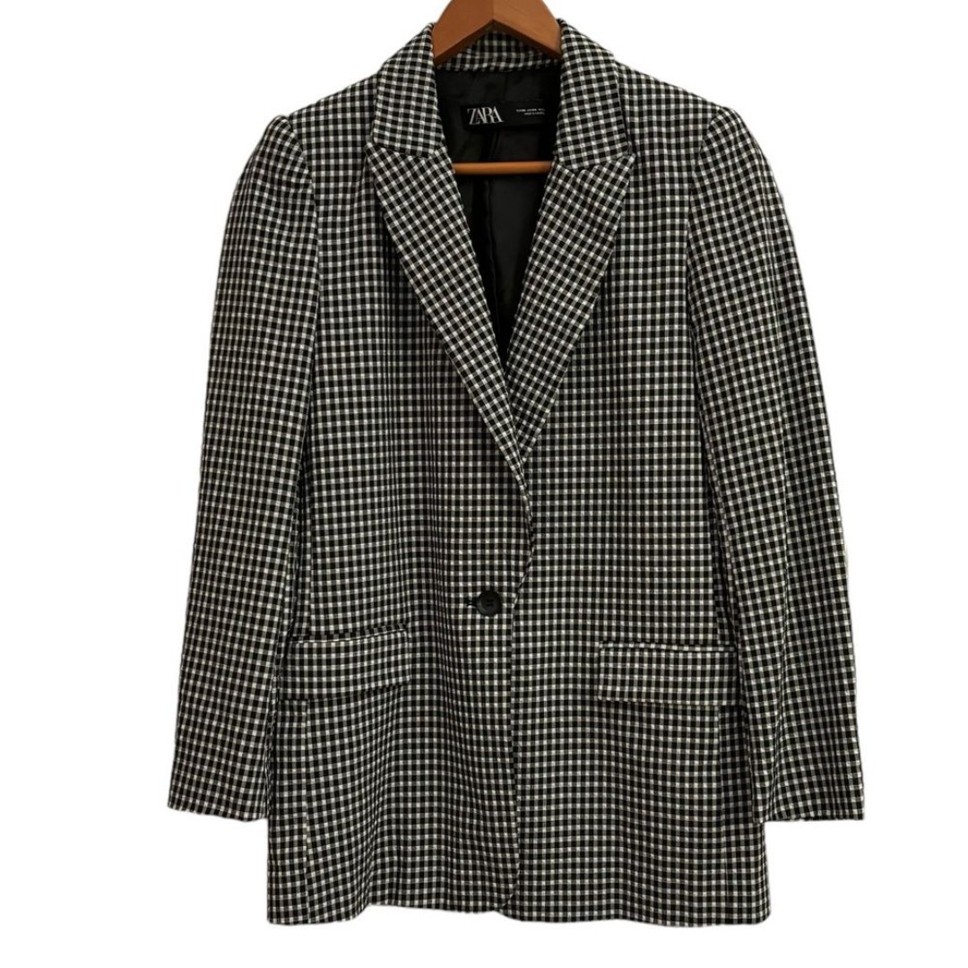 Zara Black and White Gingham Single Button stretch Seersucker Blazer Size 4
