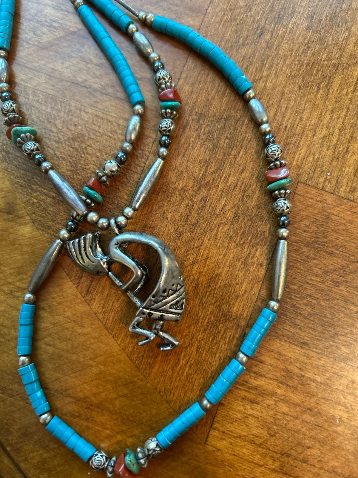VTG  1970’s NAVAJO STERLING DOUBLE STRAND KOKOPELLI TURQUOISE PENDANT NECKLACE