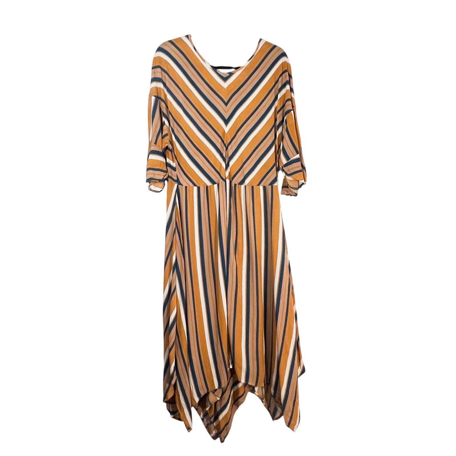Umgee Striped Dress Womens L Asymmetrical Lagenlook Boho Midi Western Brunch
