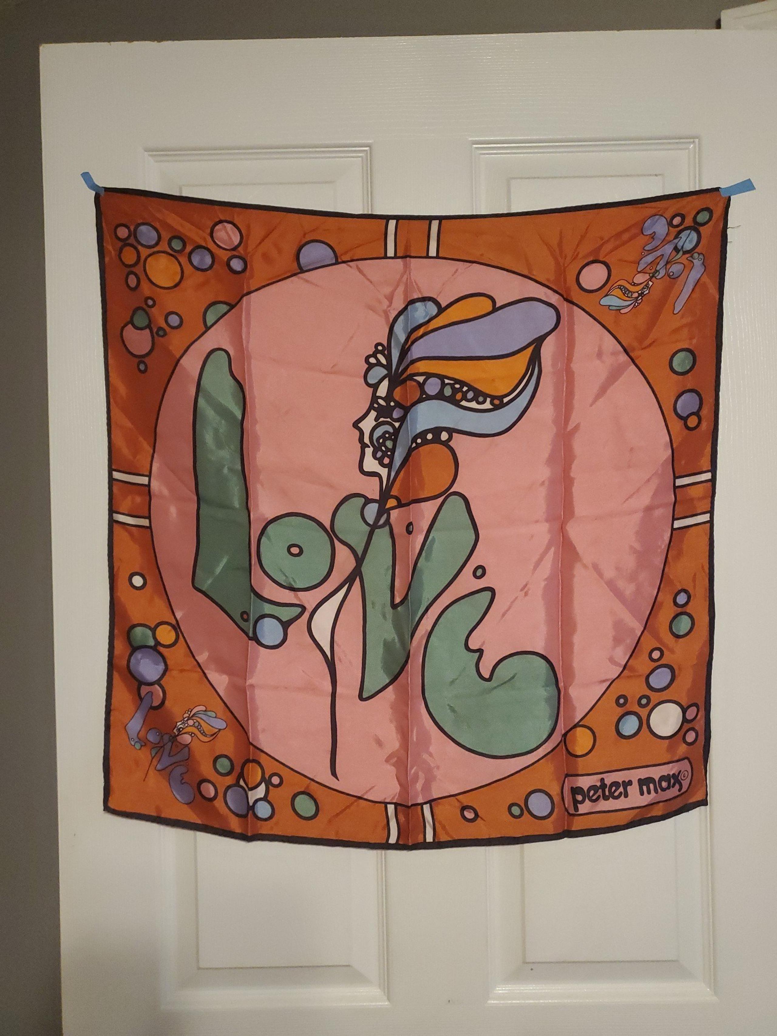 PETER MAX Vintage Iconic Love Silk Scarf Rust Pink Green 60s 70s Pop Art