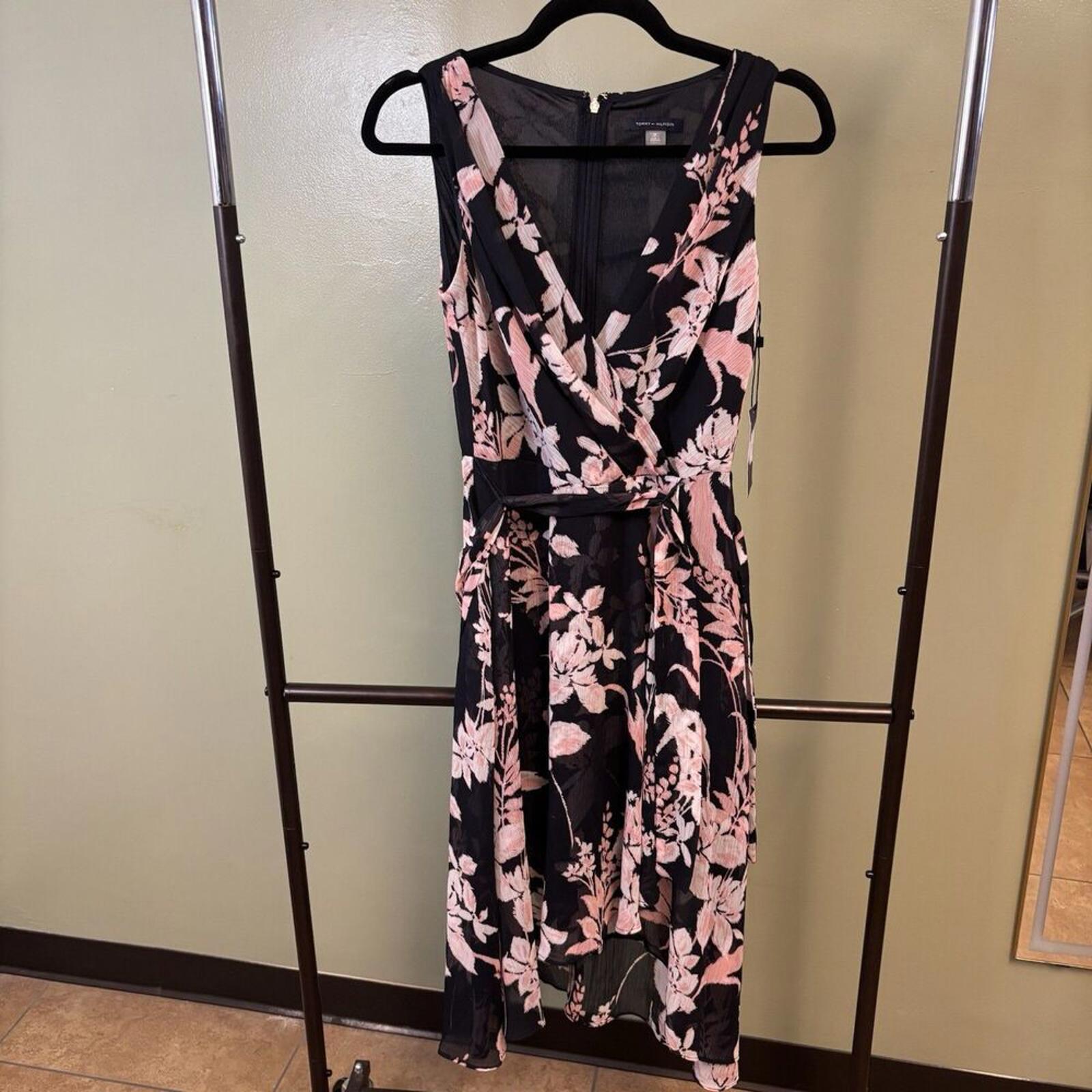 TOMMY HILFIGER Womens Navy Lined Tie Belt Hi Lo Hem Sleeveless Midi Dress 2P