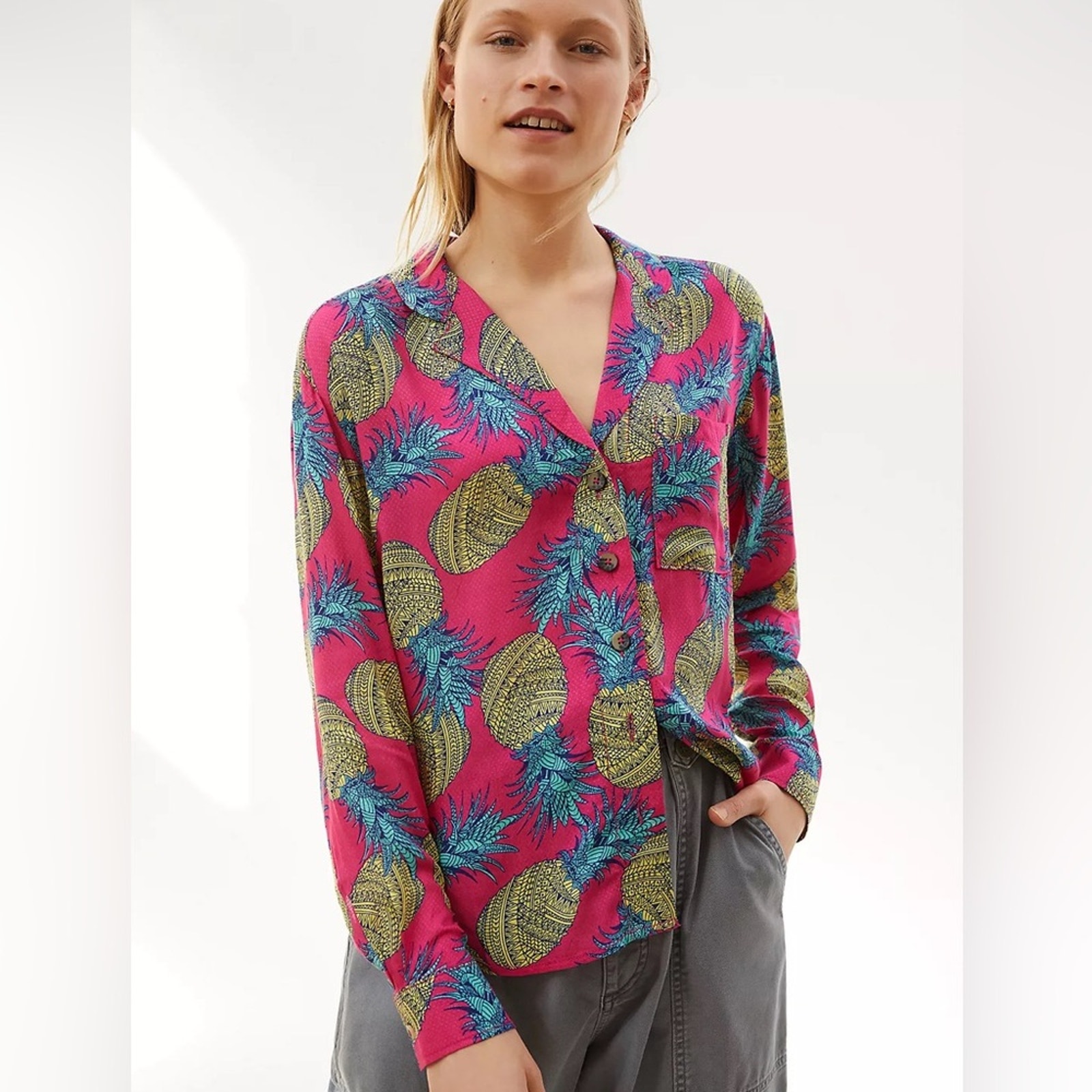 Janine Licour x Anthropologie Pineapple L/S Chemise Blouse NWT