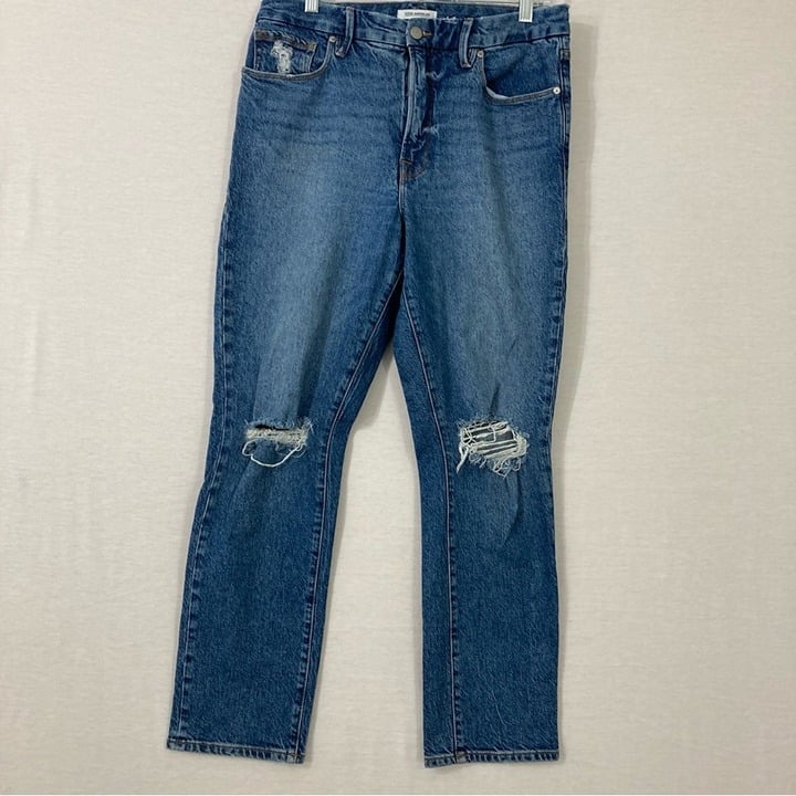 Good American Medium Wash Distressed High Rise Slim Jeans size 12/31