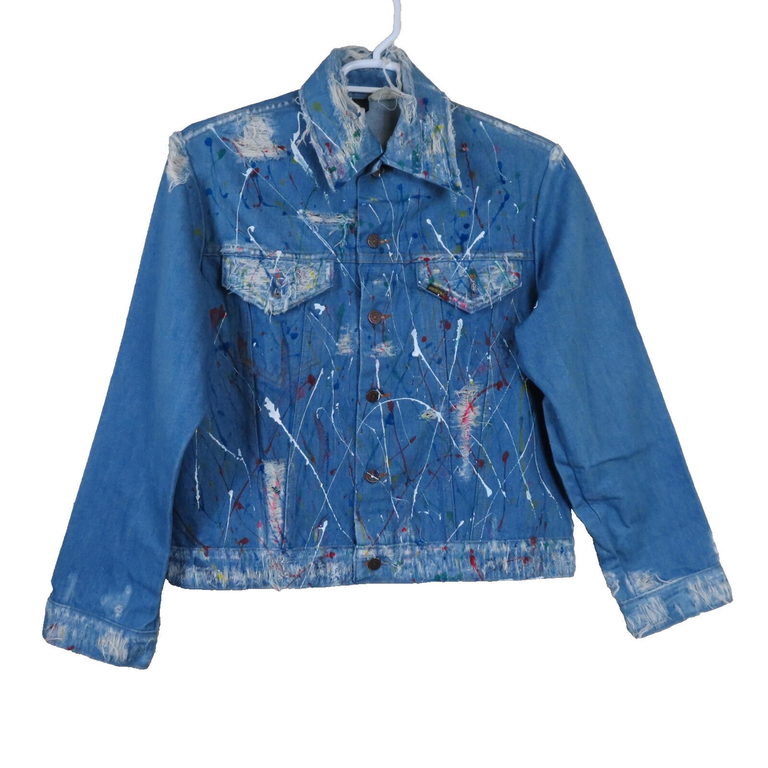 Vintage Sears Western Wear Roebuck Mens L Classic Blue Distressed Painted Jacket
