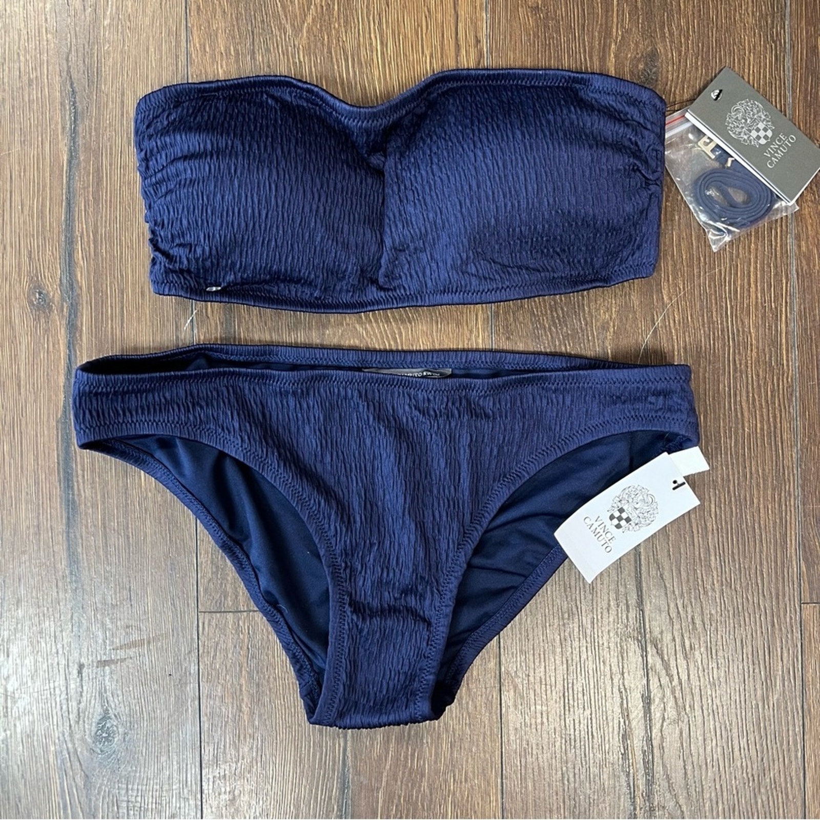 NEW Vince Camuto Navy Smocked Bandeau Bikini SZ MED