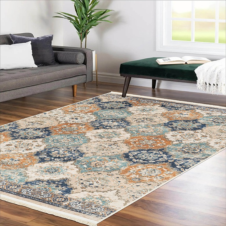 Alfa Rich 5x7 Area Rug, Ultra-Thin Boho Blue Beige Cream Rug, Non-Slip Washable
