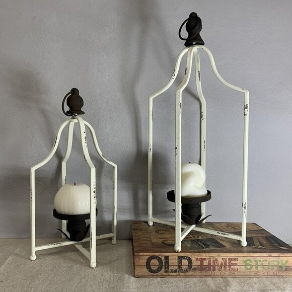 New Set of 2 Large Tall Shabby Chic Lanterns, Vintage Metal Candle Holders